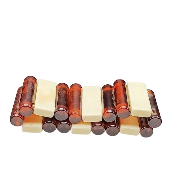 Vintage Root Beer & Cream Bakelite Stretch Bracelet Mod Beauty - Picture 4 of 5